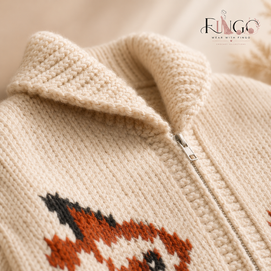 FINGO Handmade Fox Cardigan | Cozy Crochet Knit Sweater for Kids & Adults