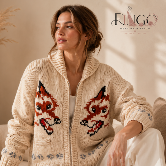 FINGO Handmade Fox Cardigan | Cozy Crochet Knit Sweater for Kids & Adults