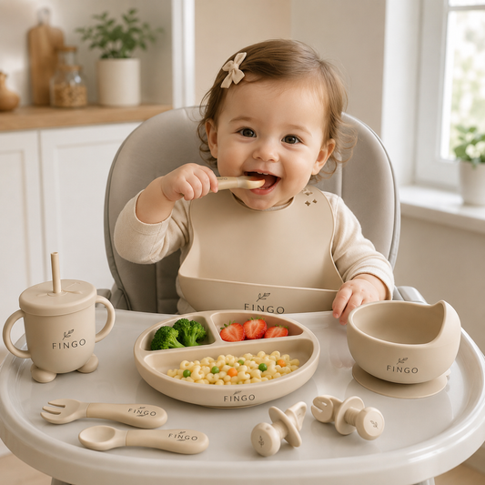 Personalized Baby Feeding Set with Name | Silicone Suction Plate Bowl Straw Cup Bib Utensils - BPA Free Kids Tableware by FINGO