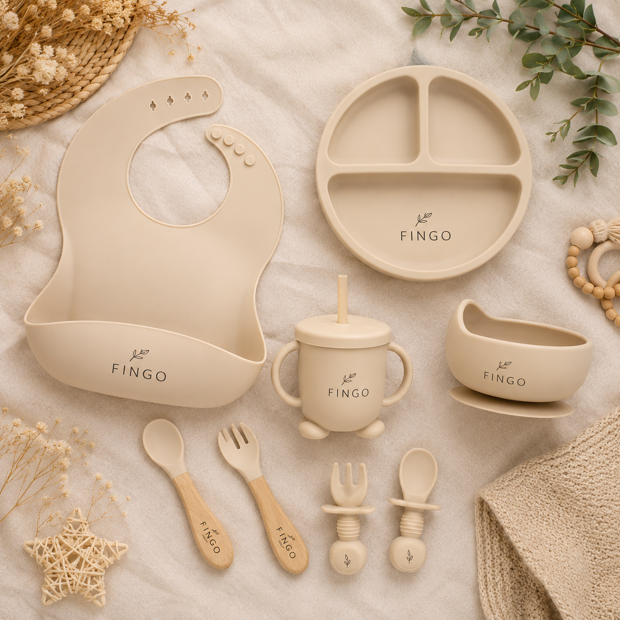 Personalized Baby Feeding Set with Name | Silicone Suction Plate Bowl Straw Cup Bib Utensils - BPA Free Kids Tableware by FINGO