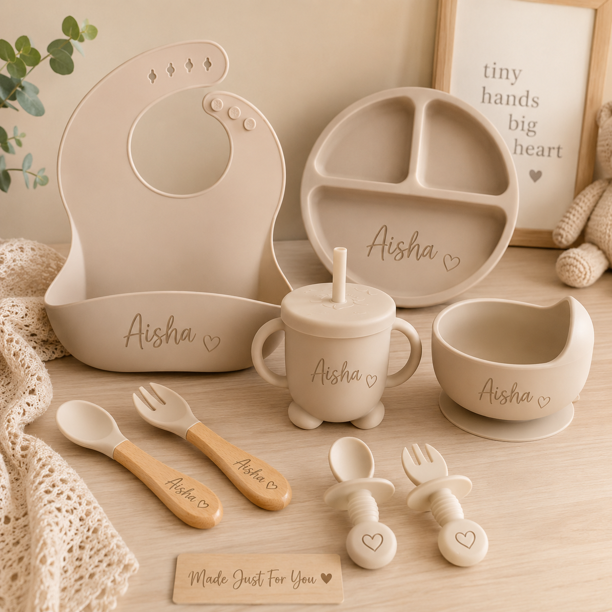 Personalized Baby Feeding Set with Name | Silicone Suction Plate Bowl Straw Cup Bib Utensils - BPA Free Kids Tableware by FINGO