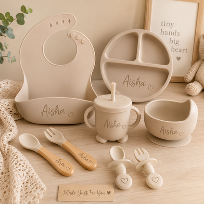 Personalized Baby Feeding Set with Name | Silicone Suction Plate Bowl Straw Cup Bib Utensils - BPA Free Kids Tableware by FINGO