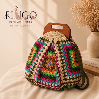 FINGO Handmade Granny Square Crochet Tote Bag | Colorful Poppins Shoulder Bag | Boho Crochet Handbag