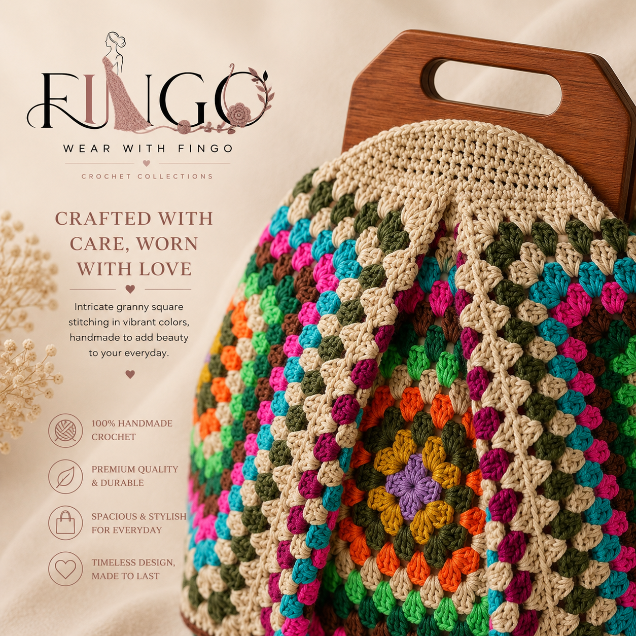 FINGO Handmade Granny Square Crochet Tote Bag | Colorful Poppins Shoulder Bag | Boho Crochet Handbag