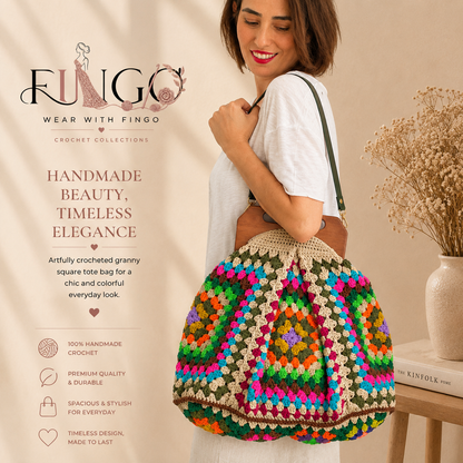 FINGO Handmade Granny Square Crochet Tote Bag | Colorful Poppins Shoulder Bag | Boho Crochet Handbag