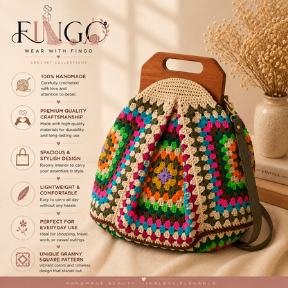 FINGO Handmade Granny Square Crochet Tote Bag | Colorful Poppins Shoulder Bag | Boho Crochet Handbag