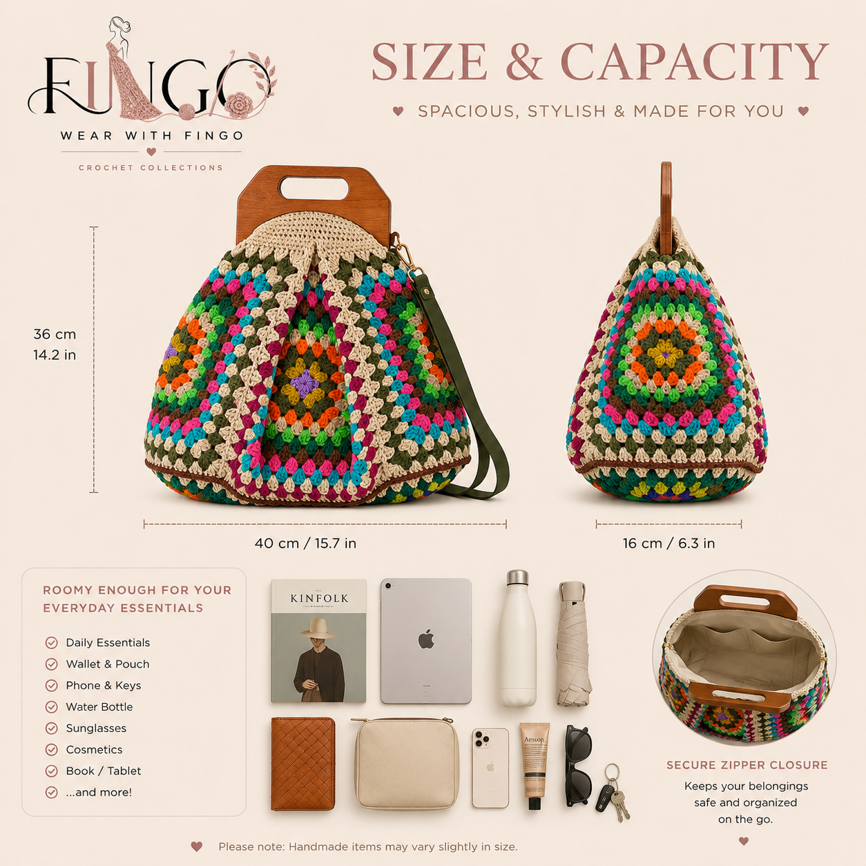 FINGO Handmade Granny Square Crochet Tote Bag | Colorful Poppins Shoulder Bag | Boho Crochet Handbag
