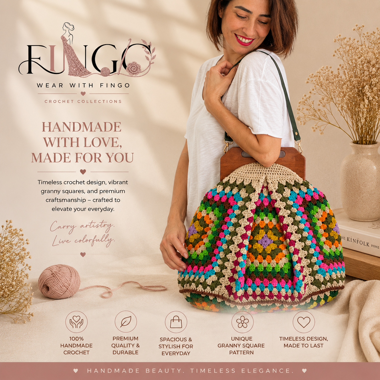 FINGO Handmade Granny Square Crochet Tote Bag | Colorful Poppins Shoulder Bag | Boho Crochet Handbag