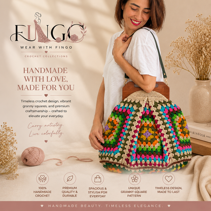 FINGO Handmade Granny Square Crochet Tote Bag | Colorful Poppins Shoulder Bag | Boho Crochet Handbag