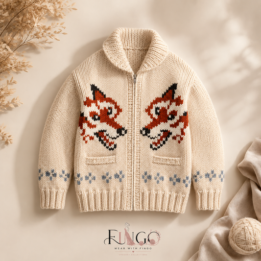 FINGO Handmade Fox Cardigan | Cozy Crochet Knit Sweater for Kids & Adults