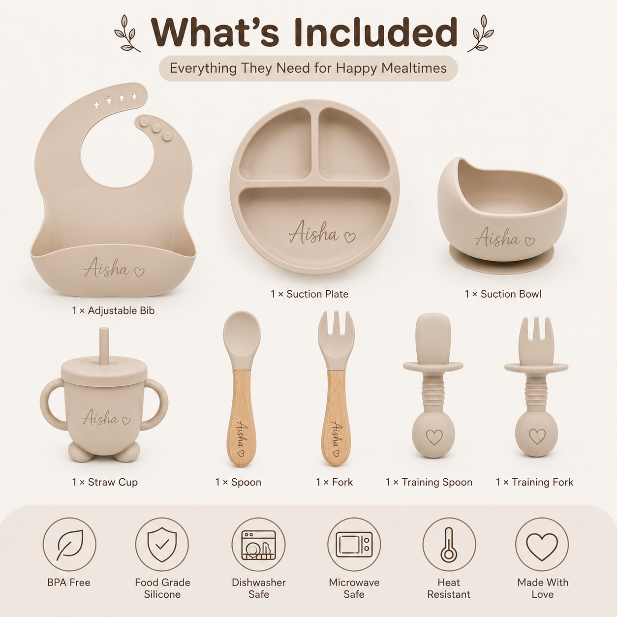 Personalized Baby Feeding Set with Name | Silicone Suction Plate Bowl Straw Cup Bib Utensils - BPA Free Kids Tableware by FINGO
