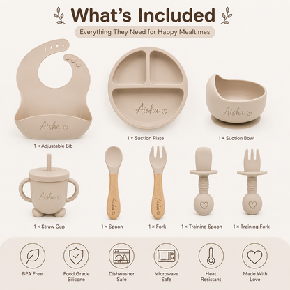 Personalized Baby Feeding Set with Name | Silicone Suction Plate Bowl Straw Cup Bib Utensils - BPA Free Kids Tableware by FINGO