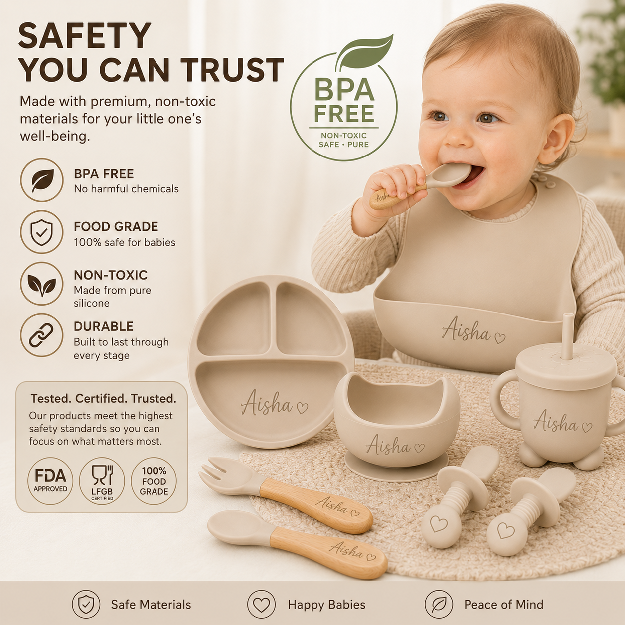 Personalized Baby Feeding Set with Name | Silicone Suction Plate Bowl Straw Cup Bib Utensils - BPA Free Kids Tableware by FINGO