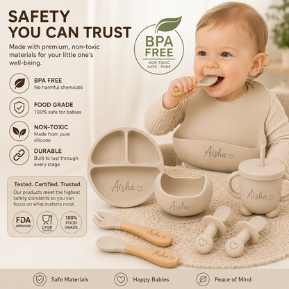 Personalized Baby Feeding Set with Name | Silicone Suction Plate Bowl Straw Cup Bib Utensils - BPA Free Kids Tableware by FINGO