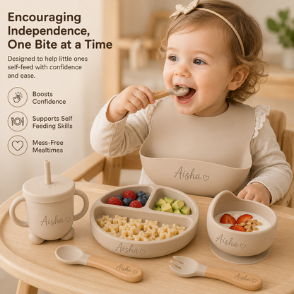 Personalized Baby Feeding Set with Name | Silicone Suction Plate Bowl Straw Cup Bib Utensils - BPA Free Kids Tableware by FINGO