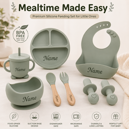Personalized Baby Feeding Set with Name | Silicone Suction Plate Bowl Straw Cup Bib Utensils - BPA Free Kids Tableware by FINGO