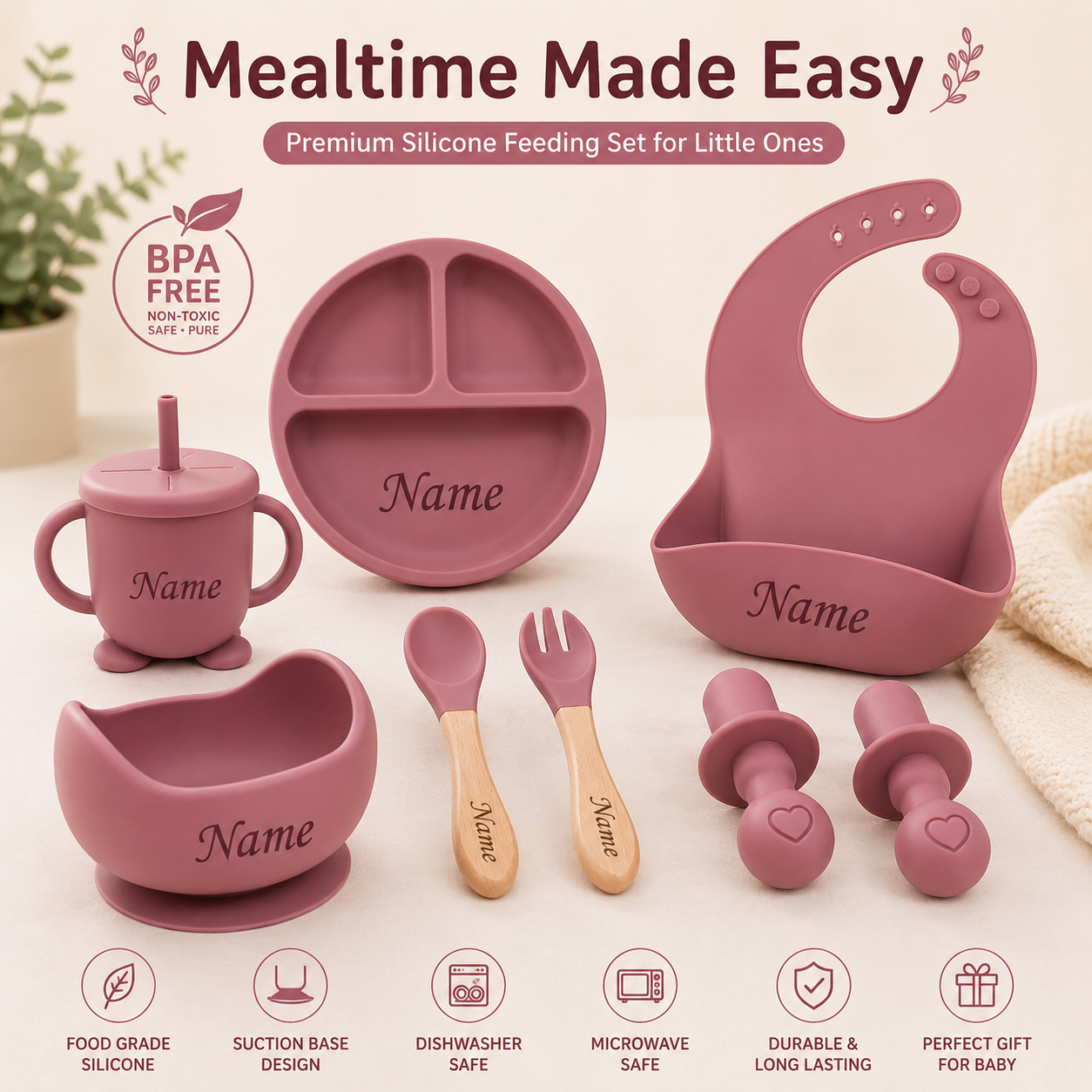 Personalized Baby Feeding Set with Name | Silicone Suction Plate Bowl Straw Cup Bib Utensils - BPA Free Kids Tableware by FINGO