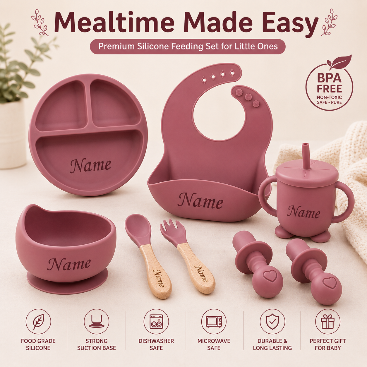Personalized Baby Feeding Set with Name | Silicone Suction Plate Bowl Straw Cup Bib Utensils - BPA Free Kids Tableware by FINGO