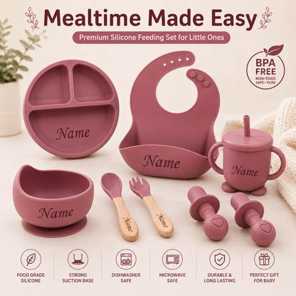 Personalized Baby Feeding Set with Name | Silicone Suction Plate Bowl Straw Cup Bib Utensils - BPA Free Kids Tableware by FINGO