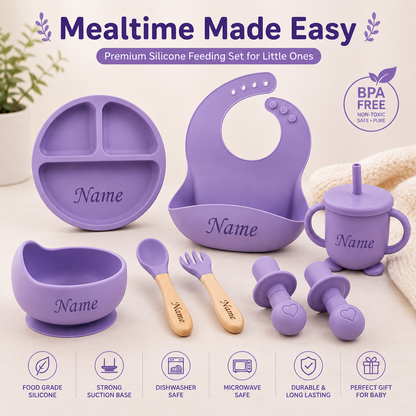Personalized Baby Feeding Set with Name | Silicone Suction Plate Bowl Straw Cup Bib Utensils - BPA Free Kids Tableware by FINGO