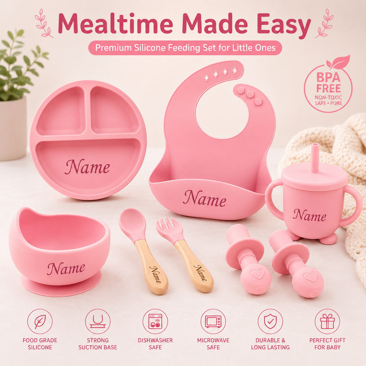 Personalized Baby Feeding Set with Name | Silicone Suction Plate Bowl Straw Cup Bib Utensils - BPA Free Kids Tableware by FINGO