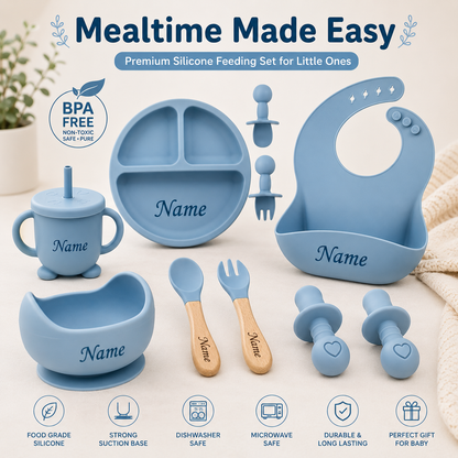 Personalized Baby Feeding Set with Name | Silicone Suction Plate Bowl Straw Cup Bib Utensils - BPA Free Kids Tableware by FINGO