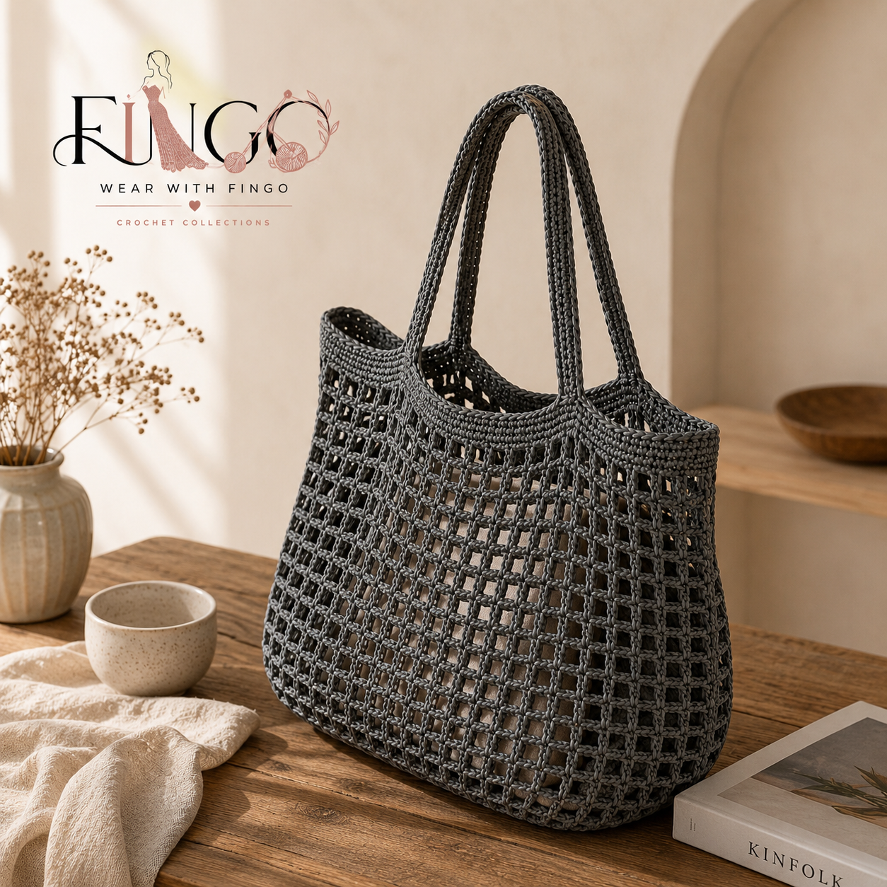 FINGO Handmade Daisy Crochet Tote Bag | Floral Knit Shoulder Bag | Boho Market Bag for Women