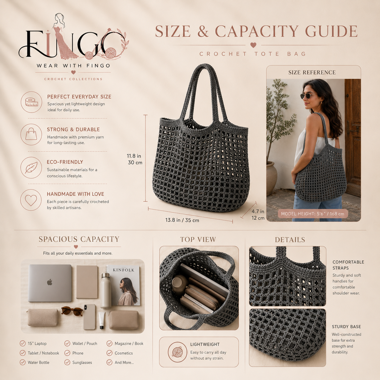 FINGO Handmade Daisy Crochet Tote Bag | Floral Knit Shoulder Bag | Boho Market Bag for Women