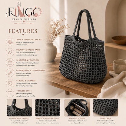 FINGO Handmade Daisy Crochet Tote Bag | Floral Knit Shoulder Bag | Boho Market Bag for Women
